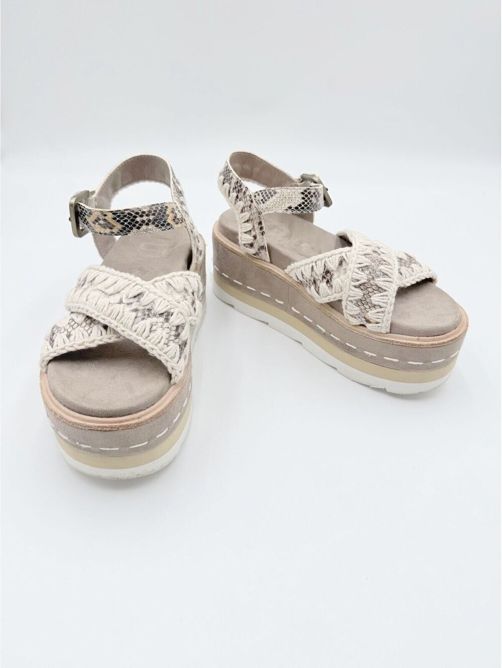 MOU Women's Platform Criss-Cross Genuine Python Leather & Crochet Sandals Size 6